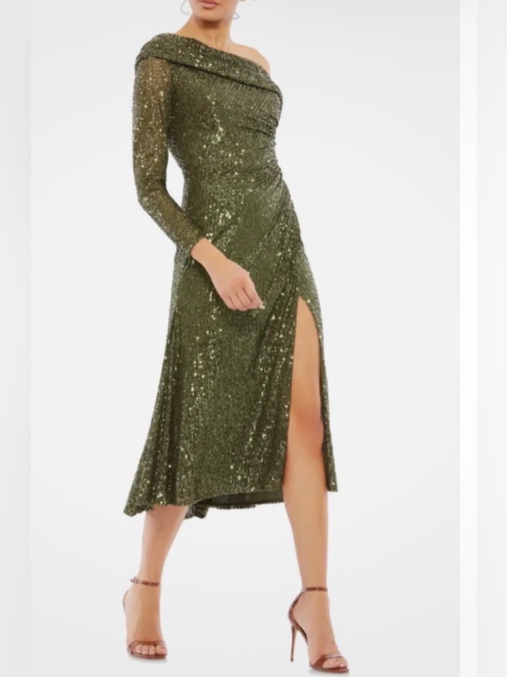 NWT Mac Duggal One Shoulder Sequin Long Sleeve Midi Dress in Olive. Size 0